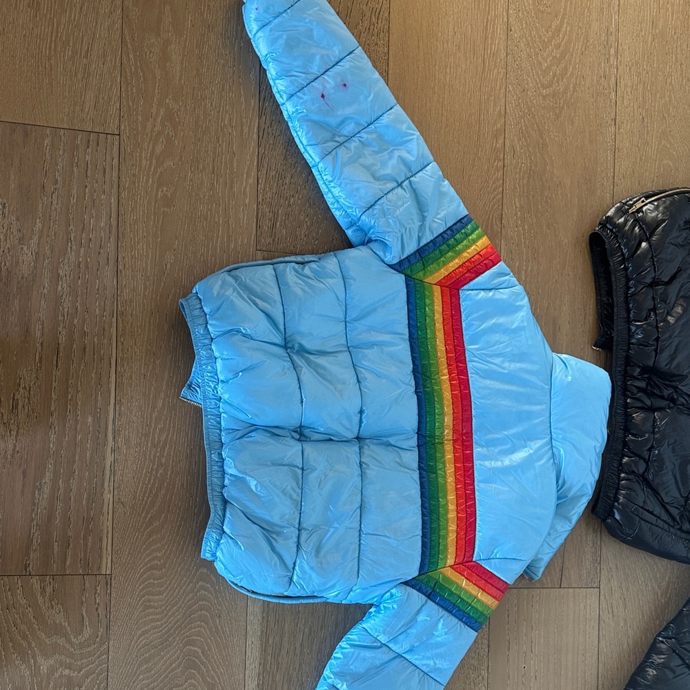 Aviator Nation Light Blue Kids Puffer Jacket with Rainbow Stripes - Picture 2 of 4